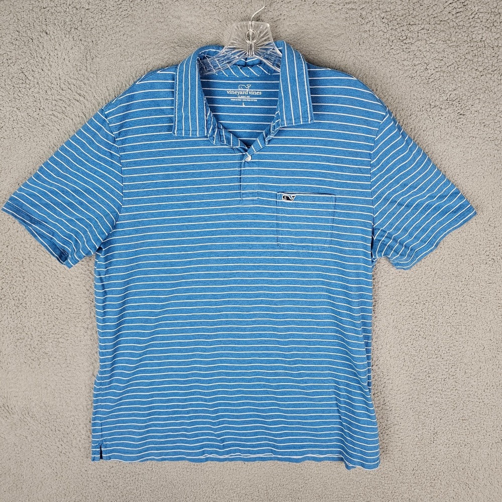 Vineyard Vines Golf Polo Shirt Mens Large Blue Striped Pima Pocket Classic Fit